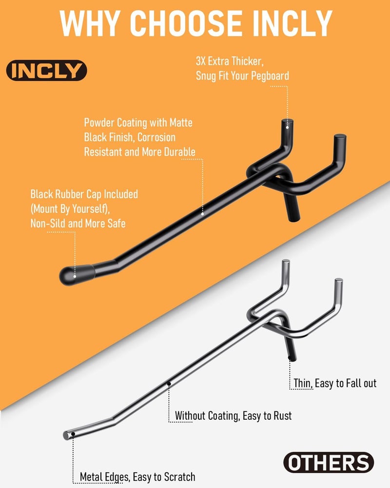 INCLY 60 Pack 2/4/6 Inch Black Pegboard Hooks, 1/4" Heavy Duty Peg Board Shelving Hooks Accessories, Peg Board Tool Hangers Fit for 1/4" Pegboard Hanging Tools Garage, Craft Organizing, Kitchen, Store - Image 2